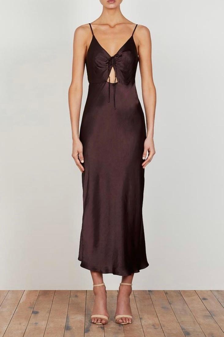 Shona Joy Wright Ruched Bias Slip Dress Chocolate Brown Size 8 for rent on The Volte - main image