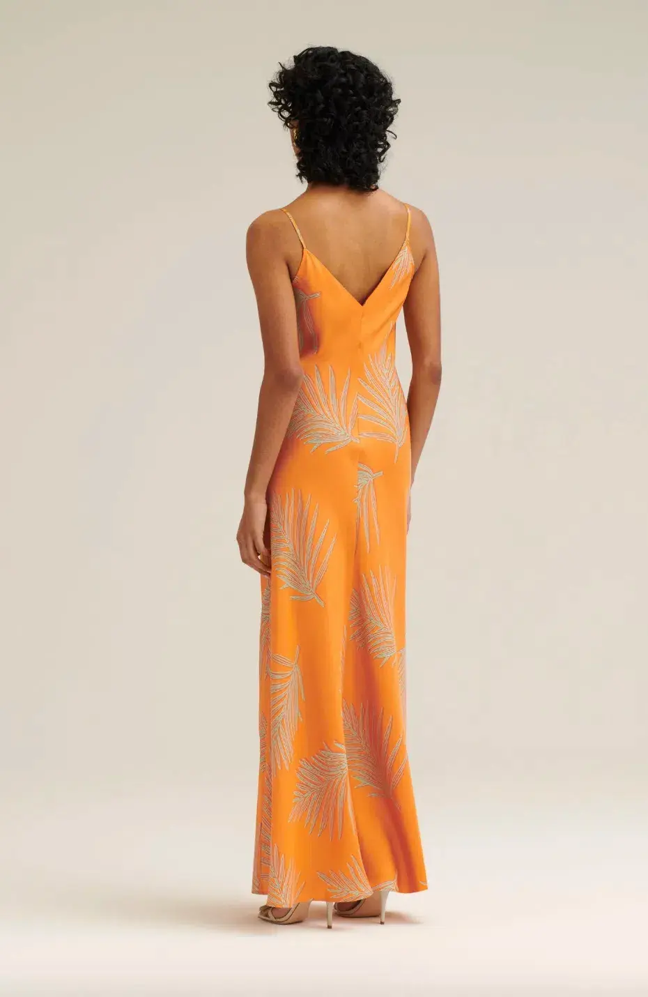Silk Twill Feather Leaf Slip Dress Orange - Image 6