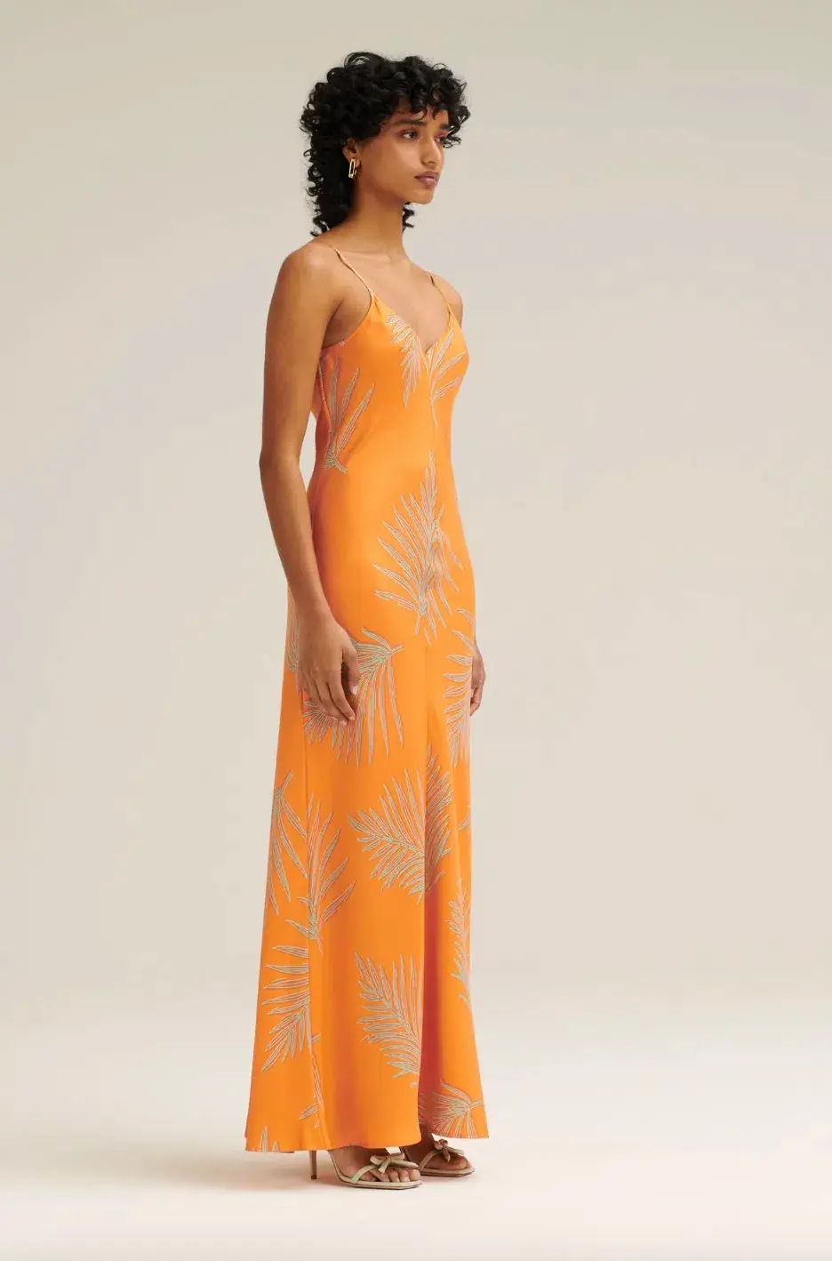 Silk Twill Feather Leaf Slip Dress Orange - Image 7