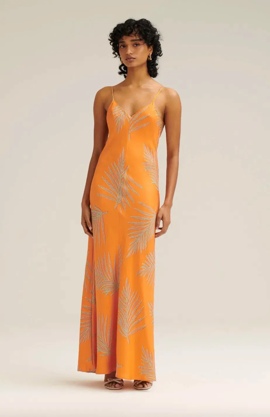 Silk Twill Feather Leaf Slip Dress Orange - Image 8