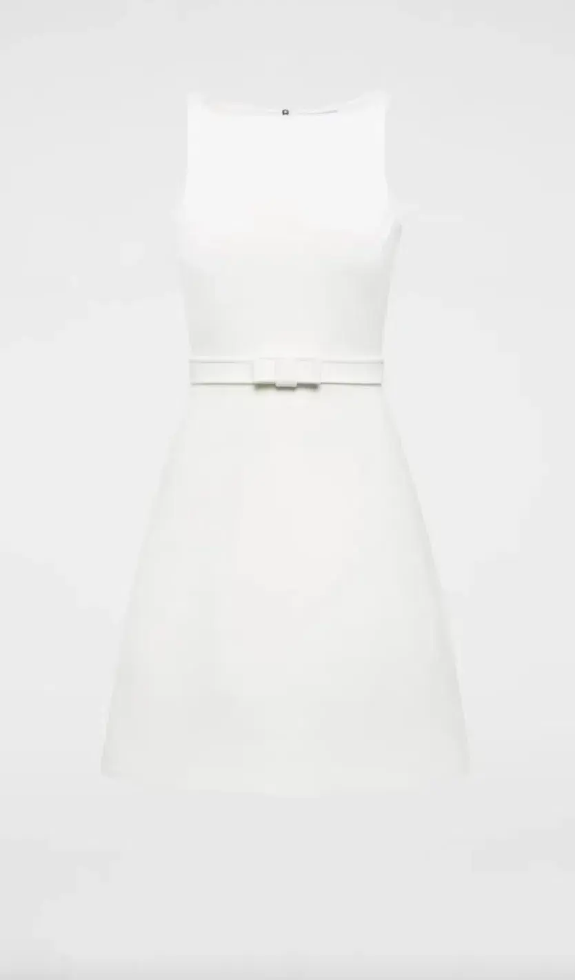 Crepe Knit Bow Bell Dress White With Belt - Image 8