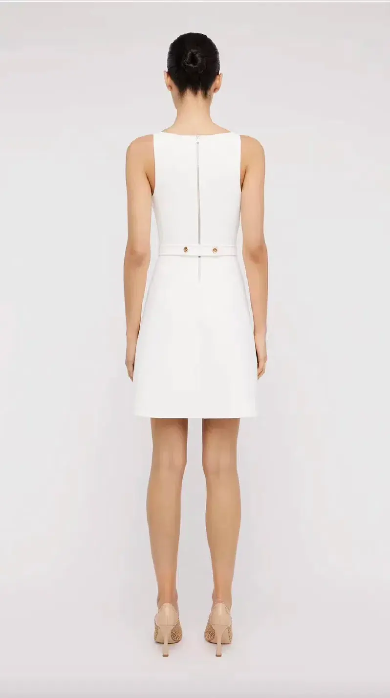 Crepe Knit Bow Bell Dress White With Belt - Image 7