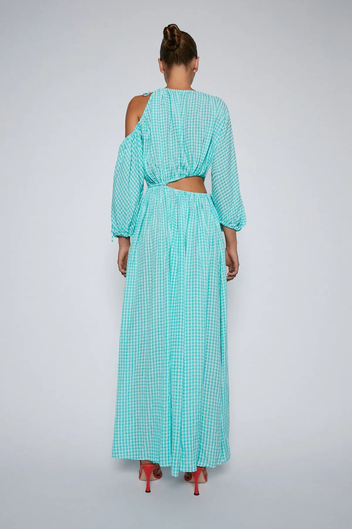 Turquoise Gingham Drawstring Dress - Image 4