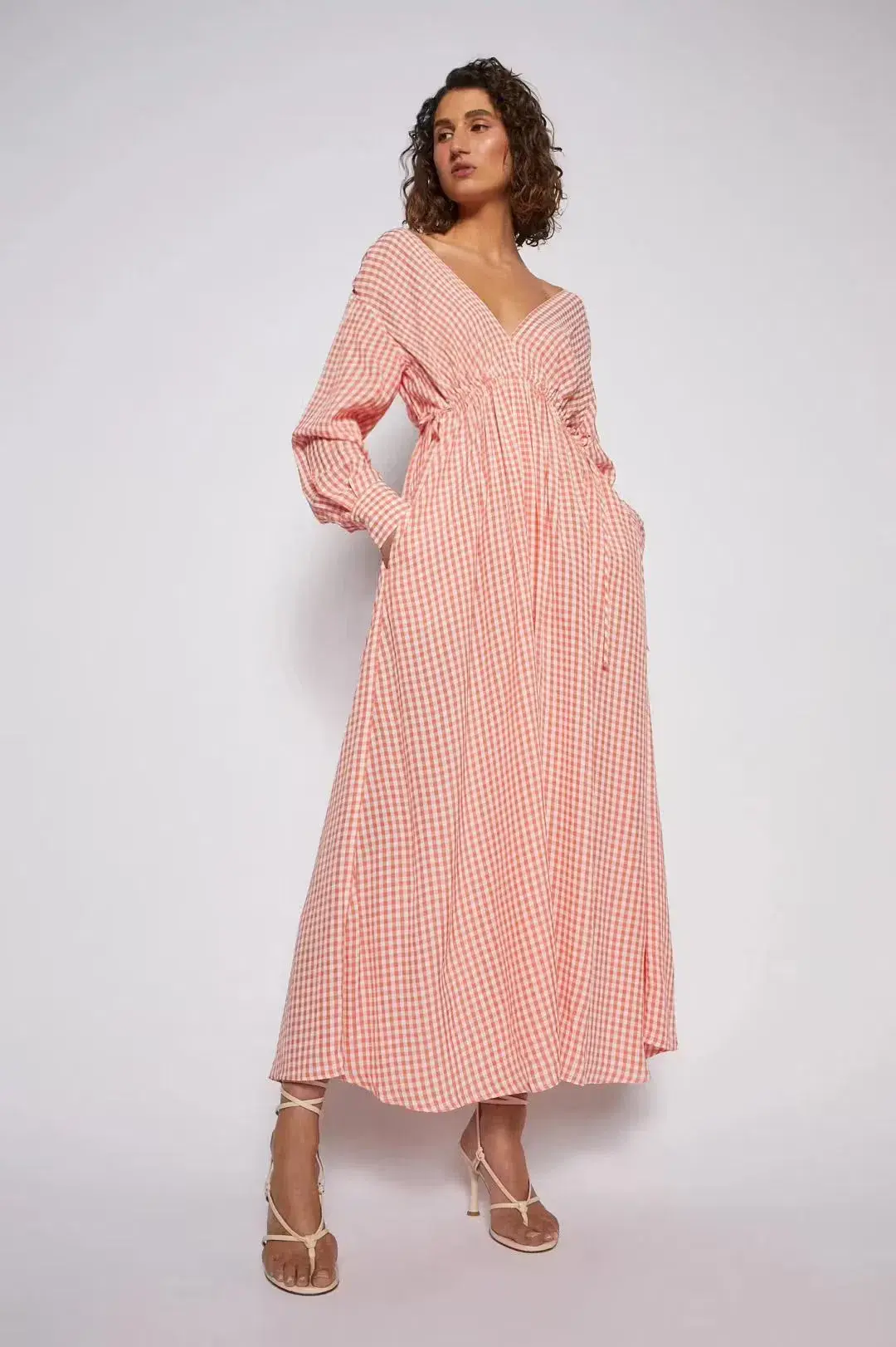 Scanlan Theodore V Neck Gingham Dress Peach - Image 1