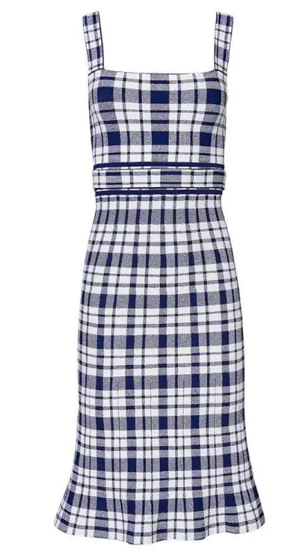 Crepe Knit Check Dress Blue Print - Image 3