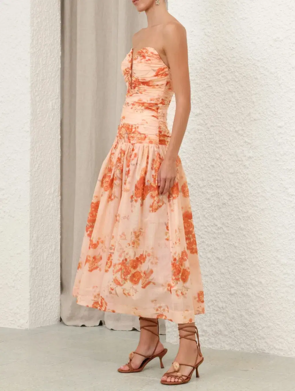 Zimmermann Cascadian Strapless Midi Dress Red Botanical Floral Size OP/6 for rent on The Volte - main image