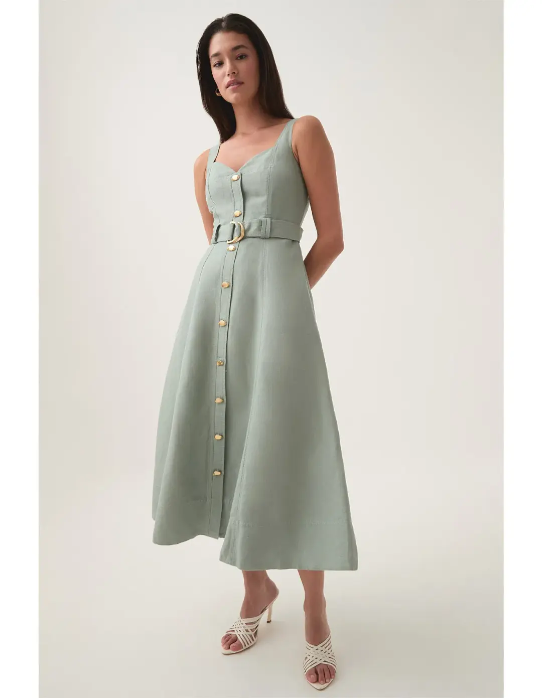 AJE Clay Belted Midi Dress in willow green Size 14 for rent on The Volte - main image
