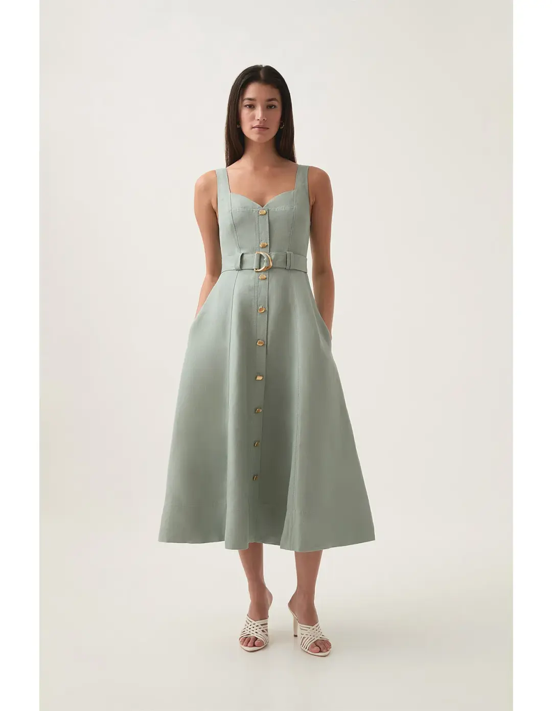 AJE Clay Belted Midi Dress in willow green Size 14 for rent on The Volte - main image