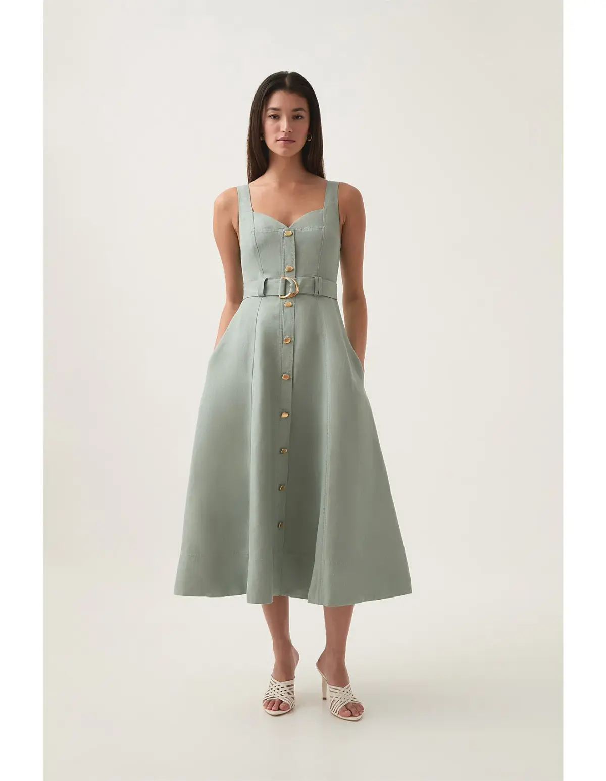 AJE Clay Belted Midi Dress in willow green Size 14 - Image 1