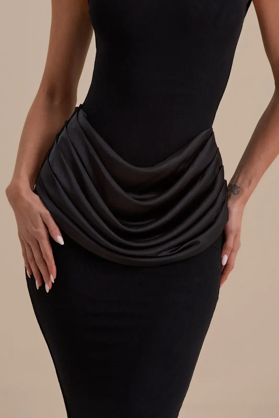 Wanderdoll Eman sleeveless slash neck satin drape waist detail bodycon maxi dress in black Size 12 - Image 2