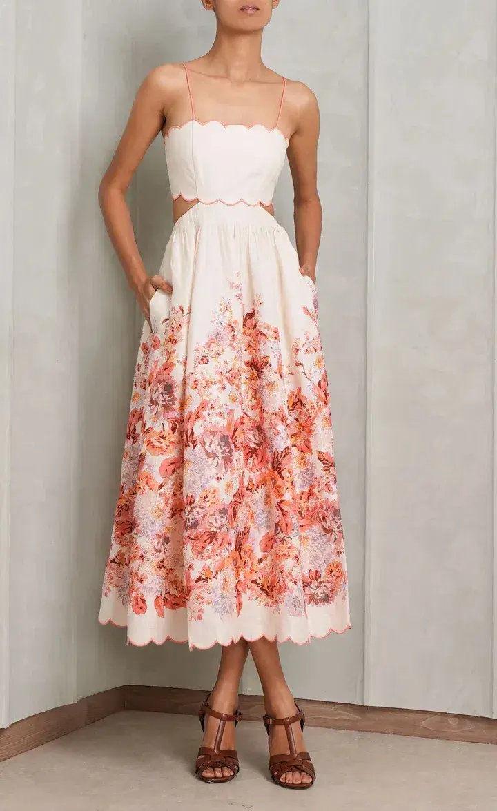 Zimmermann Devi Scallop Midi Dress in Cream Floral Size 4 / AU 16 for rent on The Volte - main image