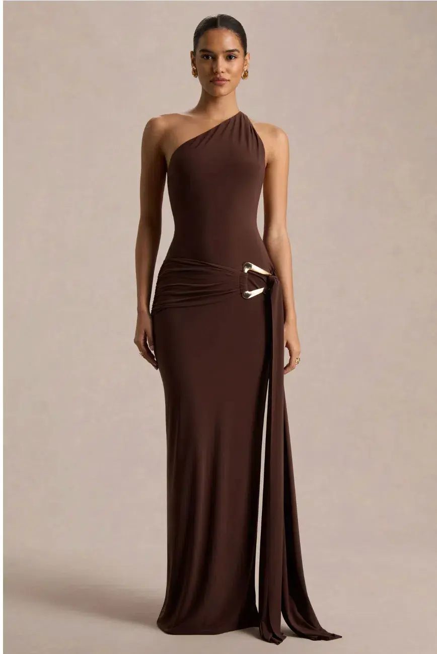 Bonnie Brown Asymmetric-Neck Maxi Dress With Open-Back for rent on The Volte - main image