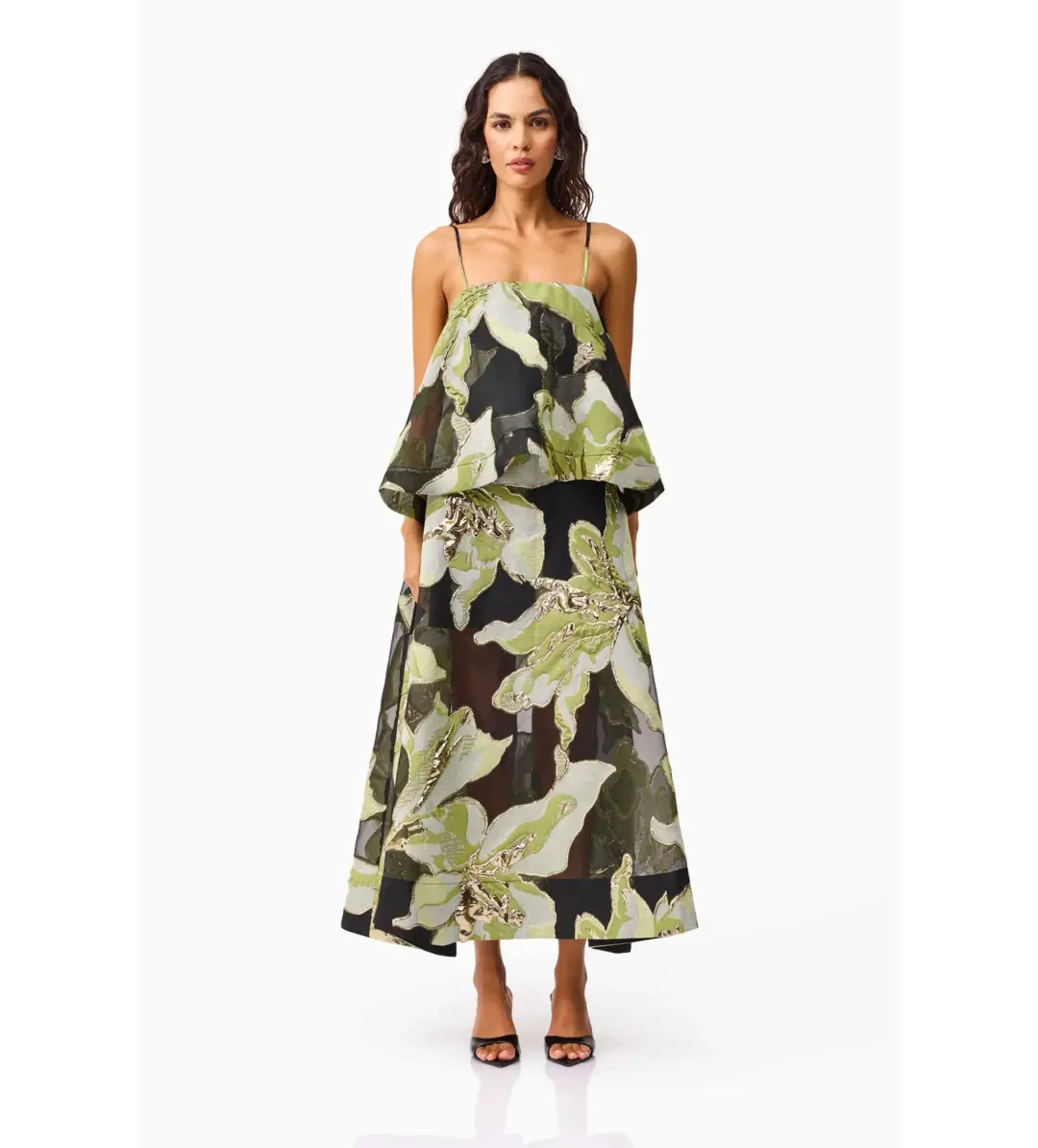 Elliatt Elysia Tiered Gown Black and Green Floral Size L AU 12 for rent on The Volte - main image