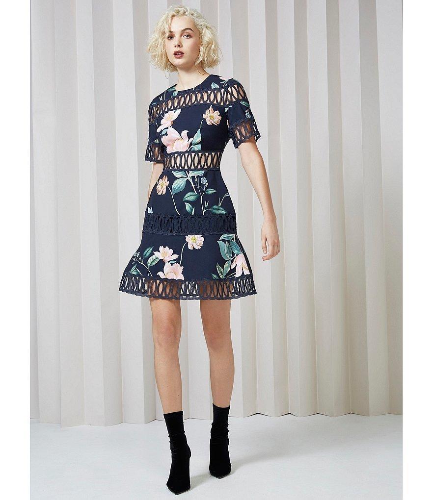 Keepsake the Label Whispers Floral Crochet Mini Dress Navy Garden Floral Size 8 - Image 1