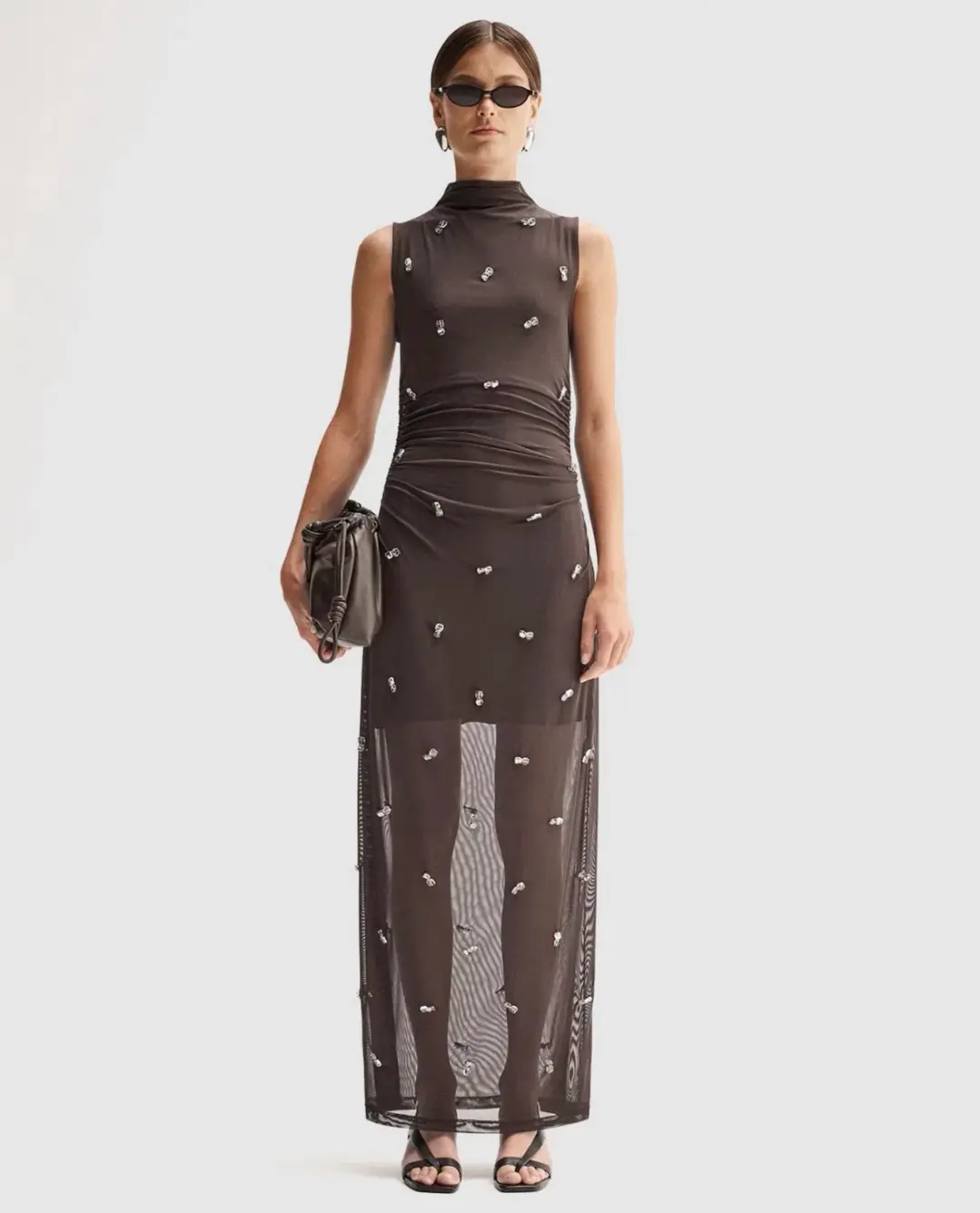 Elka Collective Elara Brown Mesh Beaded Maxi Dress for rent on The Volte - main image