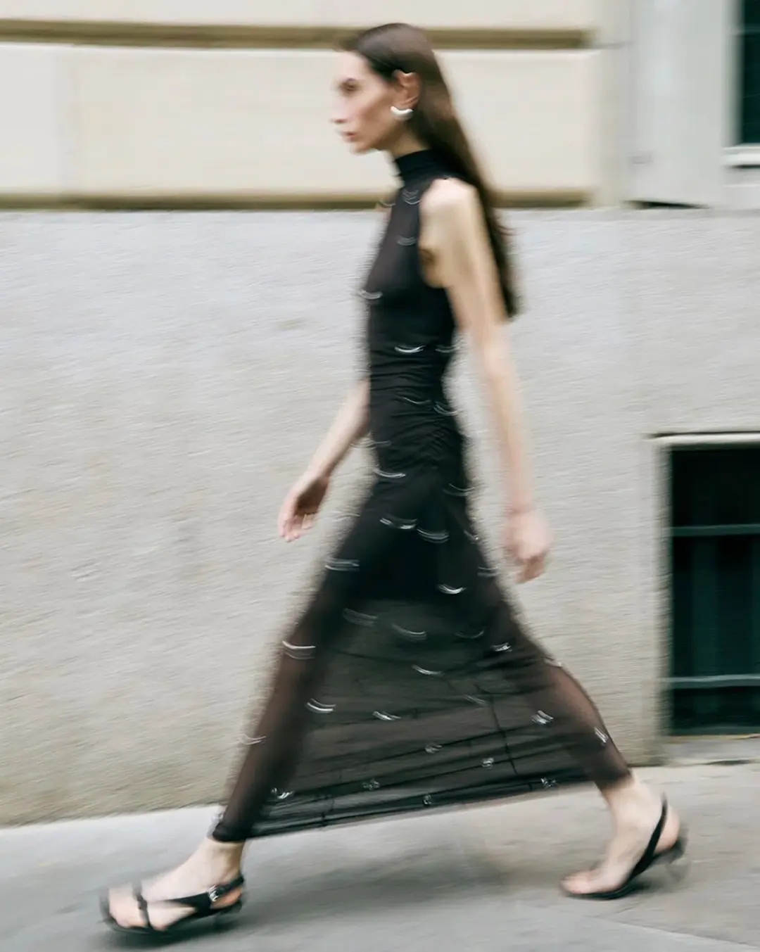 Elka Collective Elara Brown Mesh Beaded Maxi Dress for rent on The Volte - main image