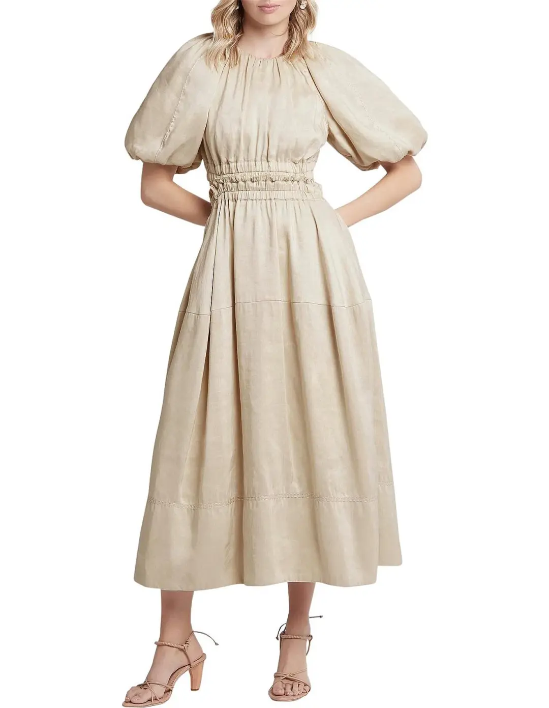 AJE Euphoria Linen Puff Sleeve Cut Out Stone Midi Dress  for rent on The Volte - main image