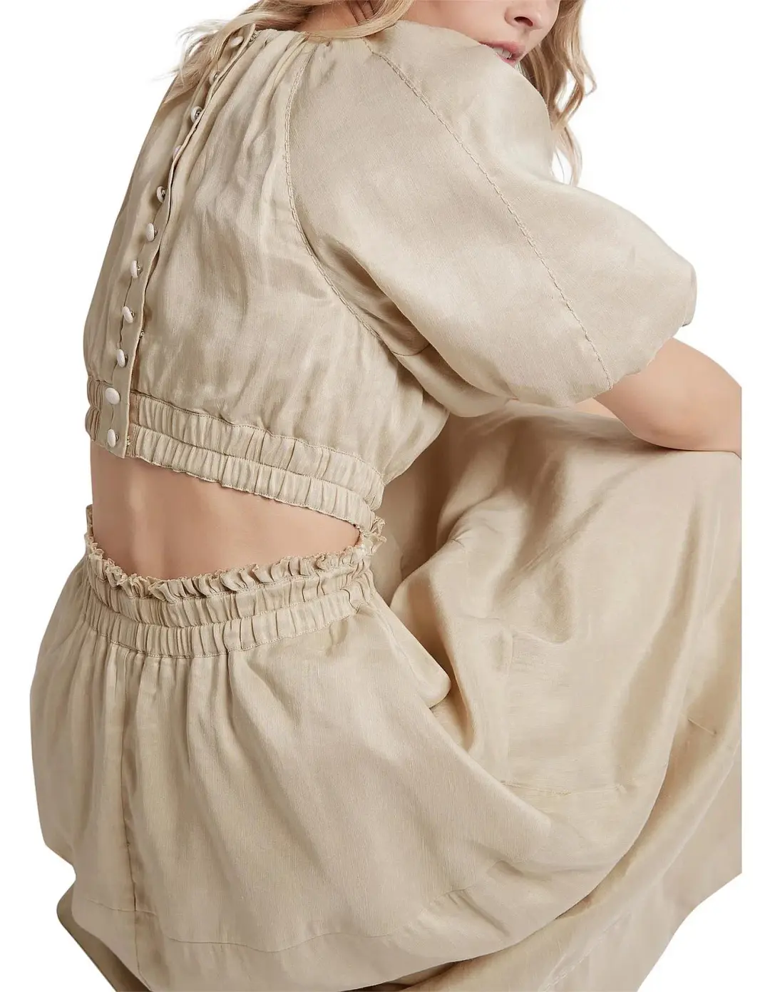 AJE Euphoria Linen Puff Sleeve Cut Out Stone Midi Dress  for rent on The Volte - main image