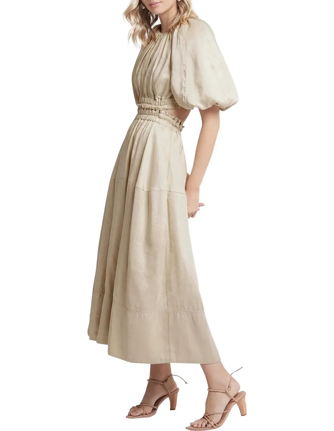 AJE Euphoria Linen Puff Sleeve Cut Out Stone Midi Dress  for rent on The Volte - main image