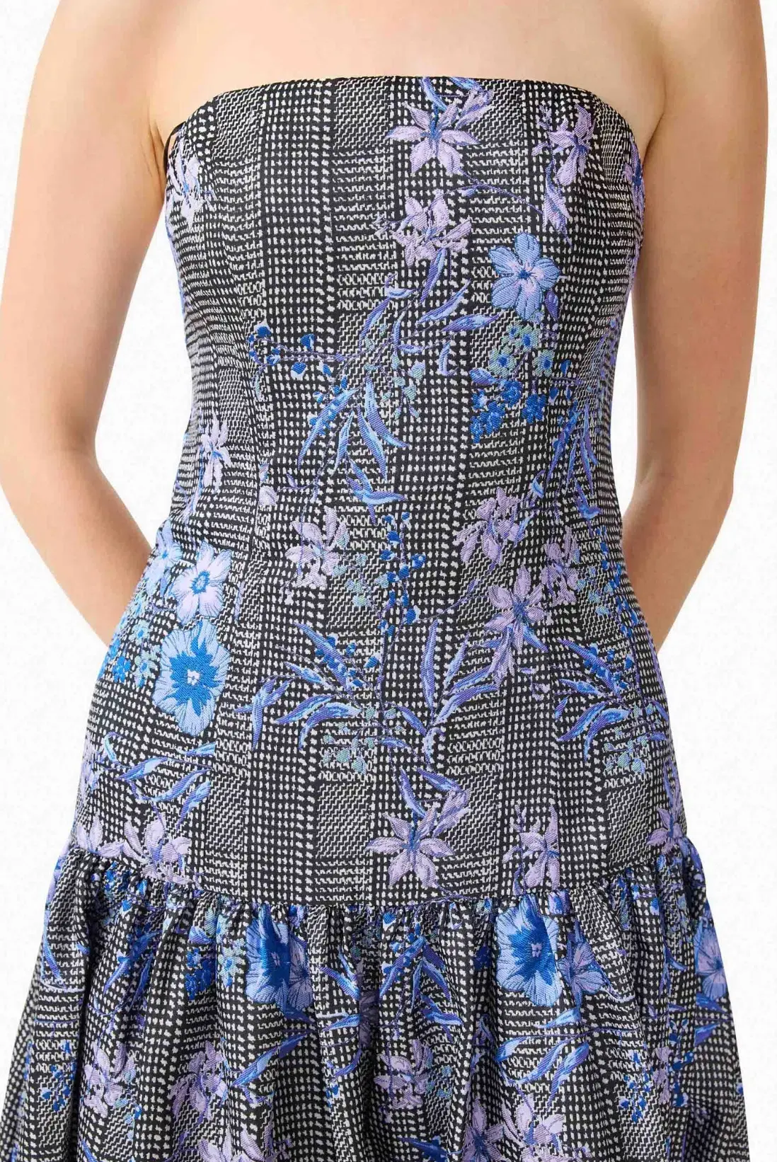 Allana Jacquard Strapless Gown in Black & Blue Floral - Image 3
