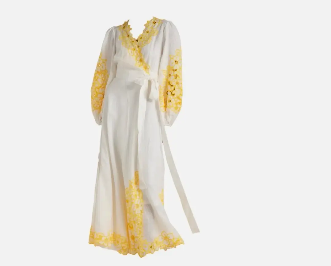 Zimmermann Golden Embroidered Midi Dress | White/Yellow, Wrap Style Size 3 /14 Anglaise, Dolman for rent on The Volte - main image