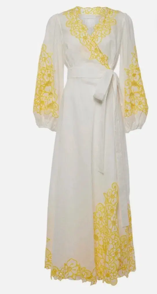 Zimmermann Golden Embroidered Midi Dress | White/Yellow, Wrap Style Size 3 /14 Anglaise, Dolman for rent on The Volte - main image