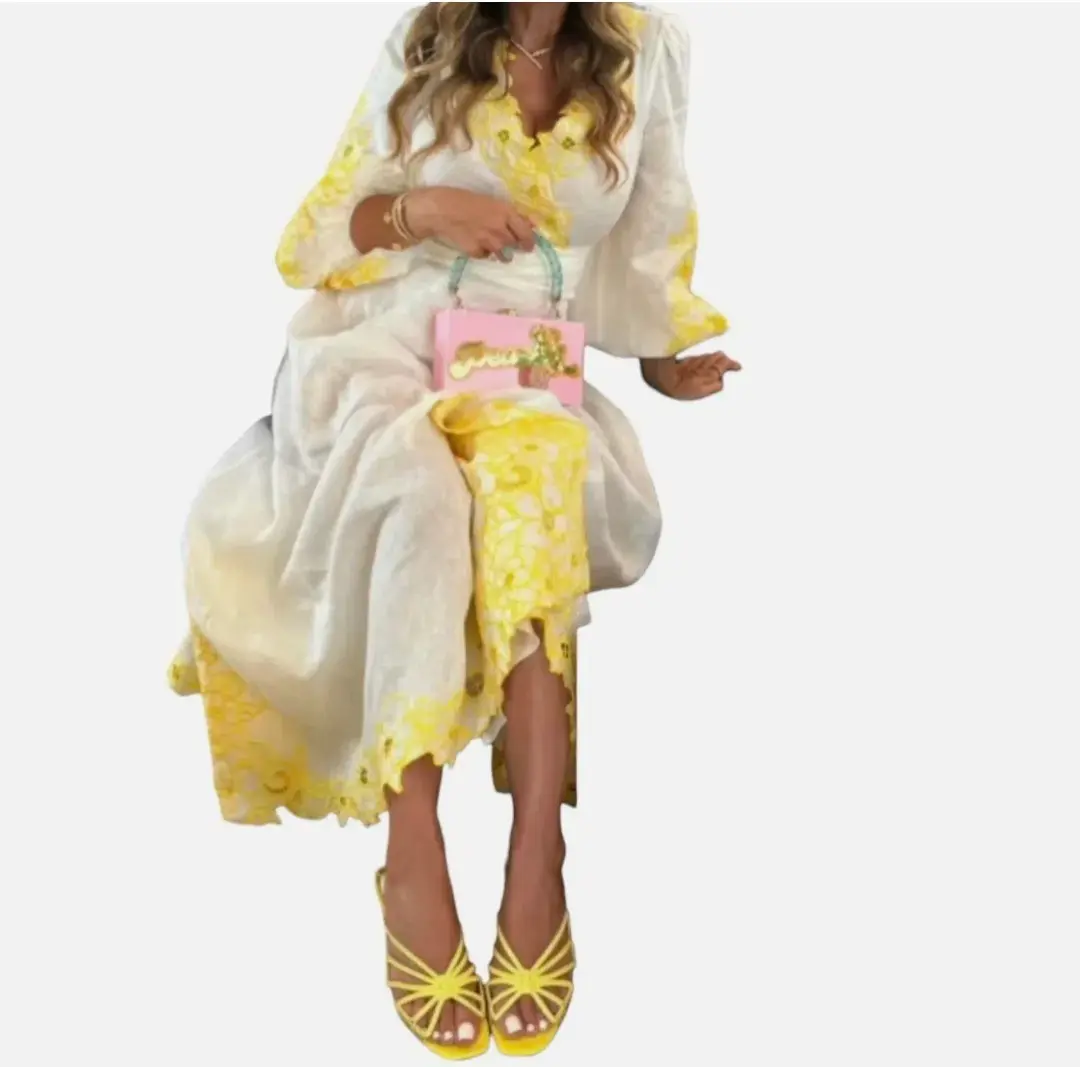 Zimmermann Golden Embroidered Midi Dress | White/Yellow, Wrap Style Size 3 /14 Anglaise, Dolman for rent on The Volte - main image