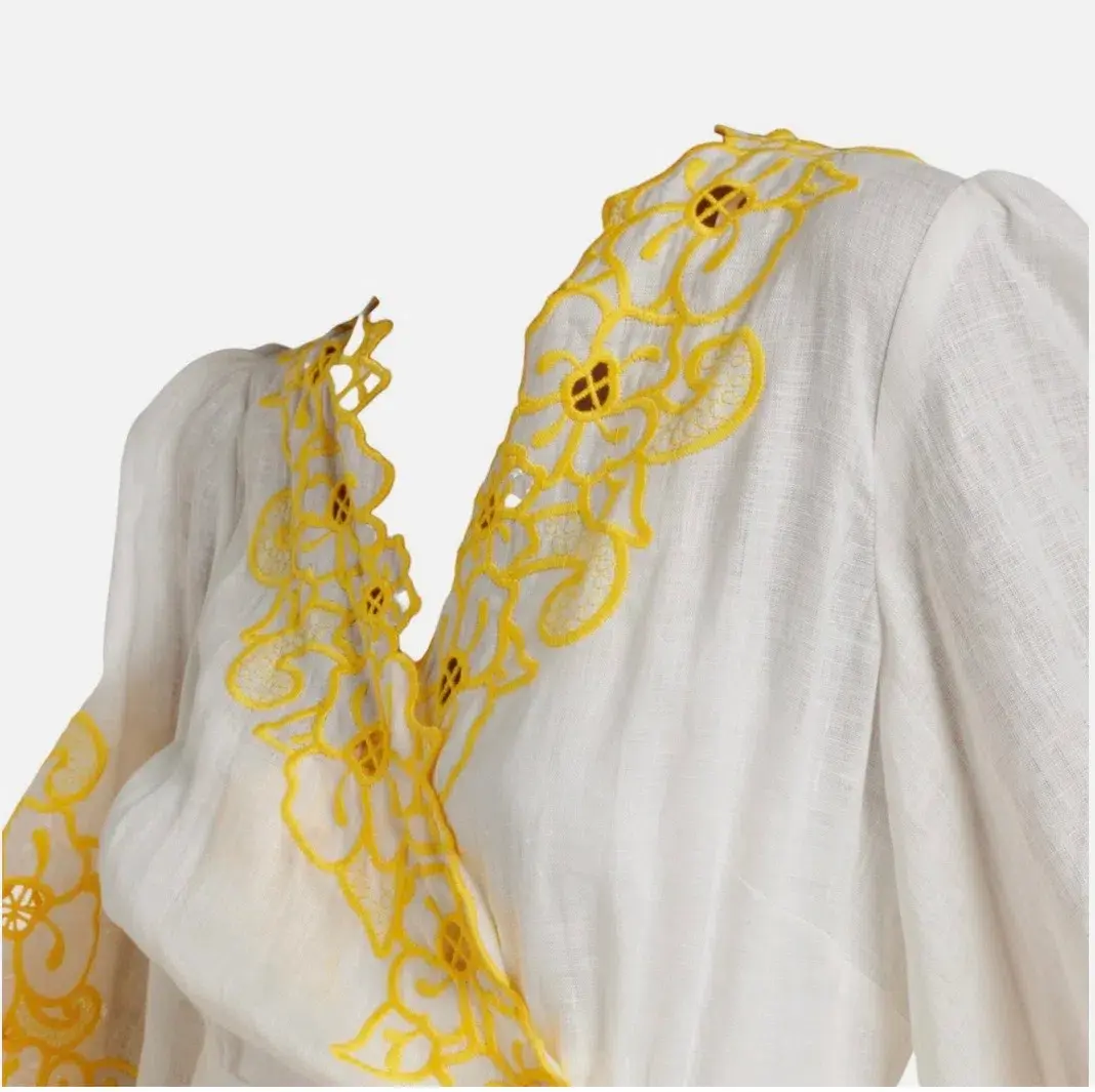 Zimmermann Golden Embroidered Midi Dress | White/Yellow, Wrap Style Size 3 /14 Anglaise, Dolman for rent on The Volte - main image