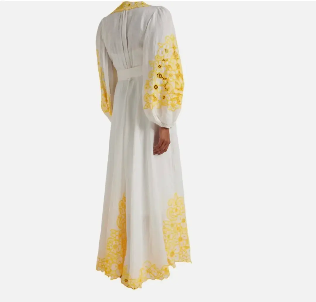 Zimmermann Golden Embroidered Midi Dress | White/Yellow, Wrap Style Size 3 /14 Anglaise, Dolman for rent on The Volte - main image