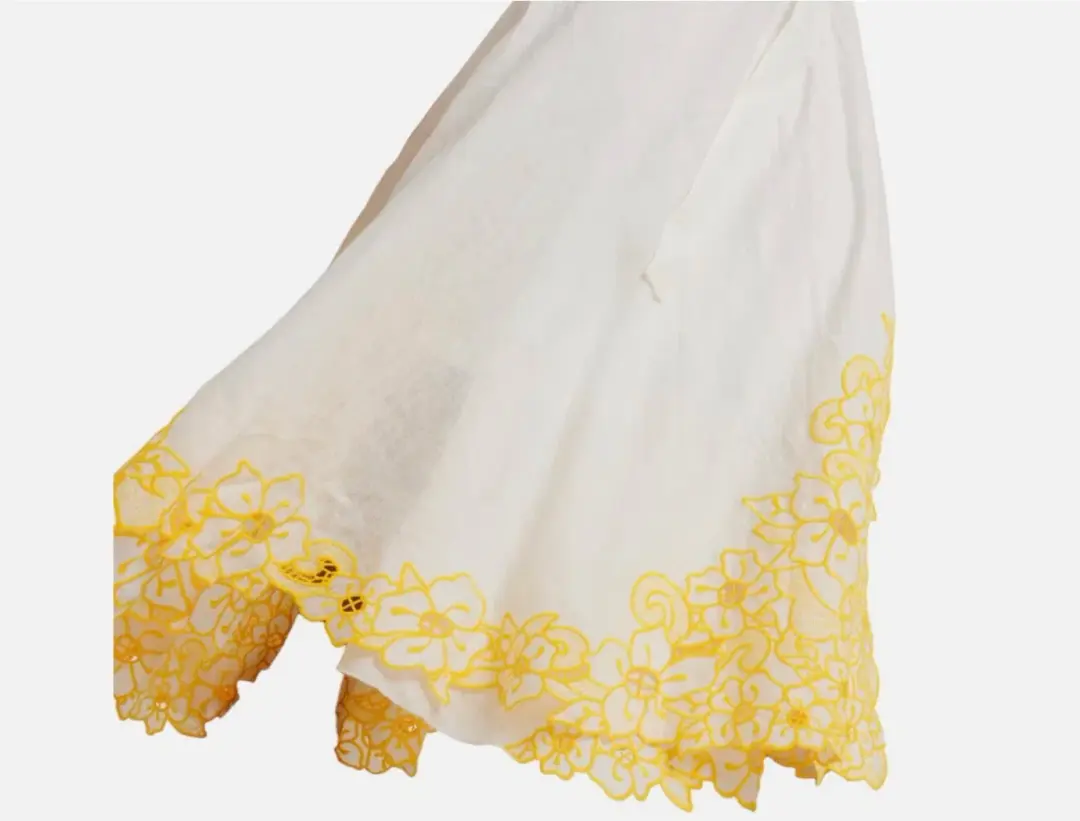 Zimmermann Golden Embroidered Midi Dress | White/Yellow, Wrap Style Size 3 /14 Anglaise, Dolman for rent on The Volte - main image