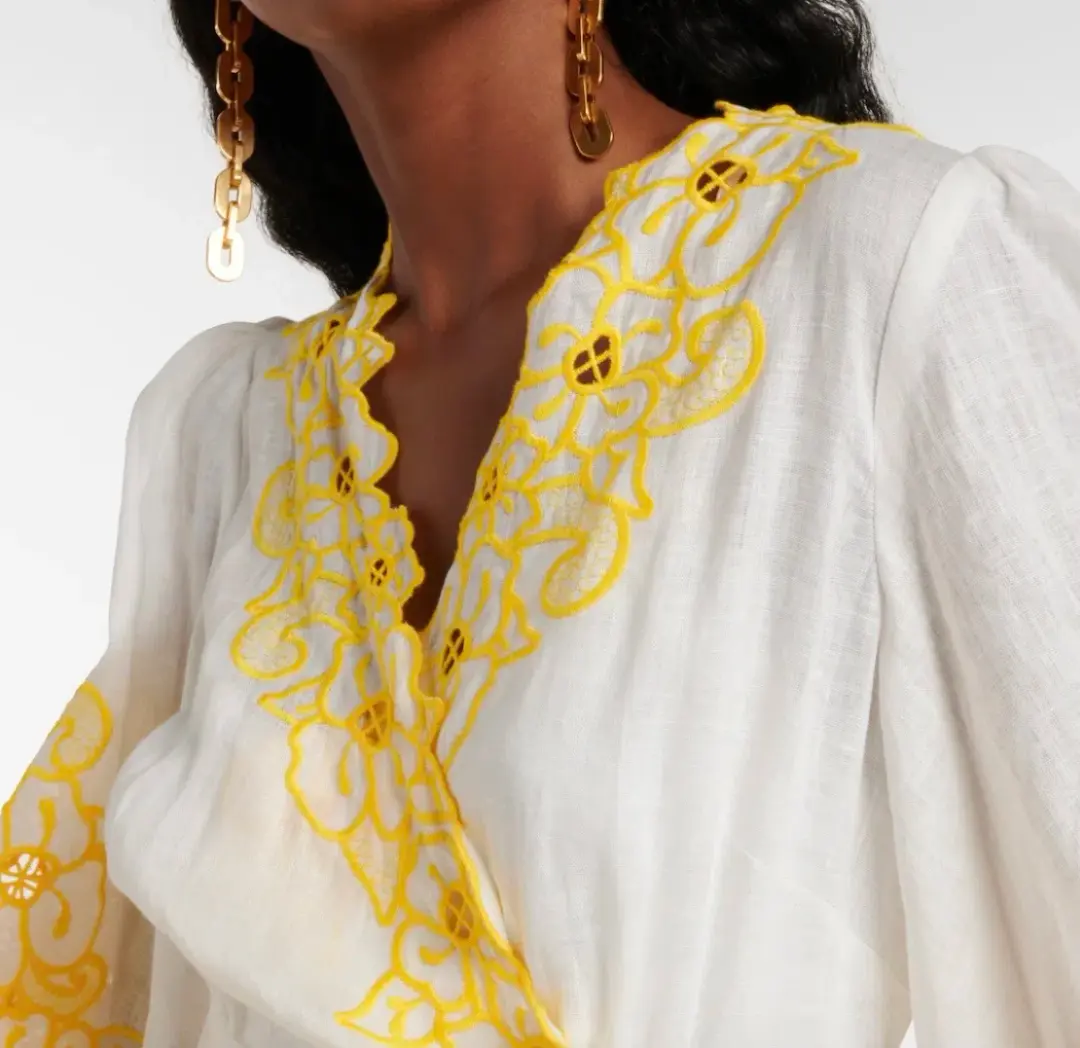 Zimmermann Golden Embroidered Midi Dress | White/Yellow, Wrap Style Size 3 /14 Anglaise, Dolman for rent on The Volte - main image