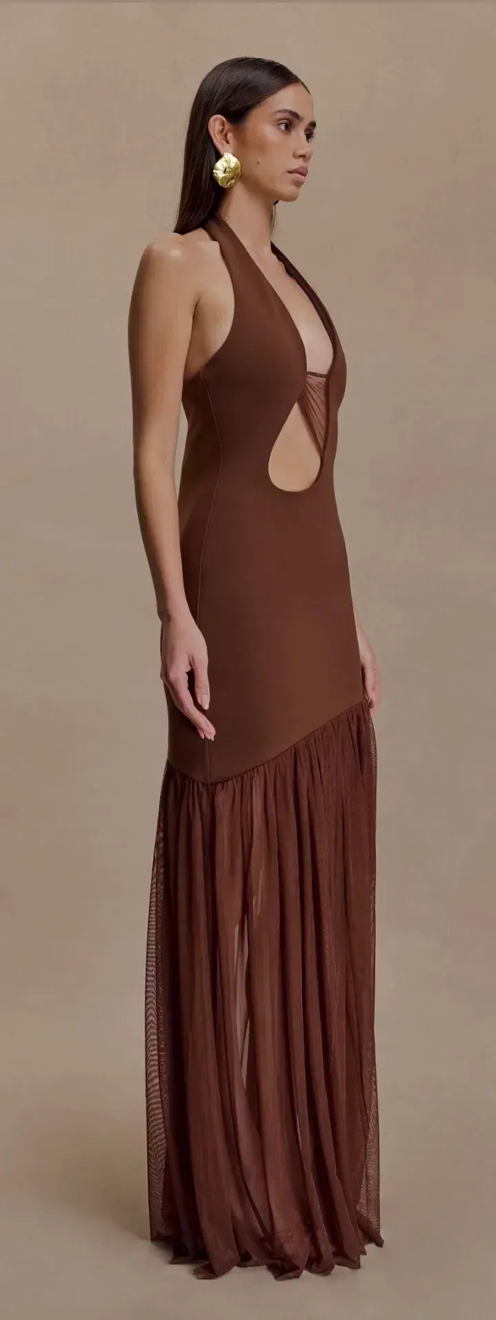 Meshki Aubree Crepe Mesh Maxi Dress - Chocolate  - Image 3