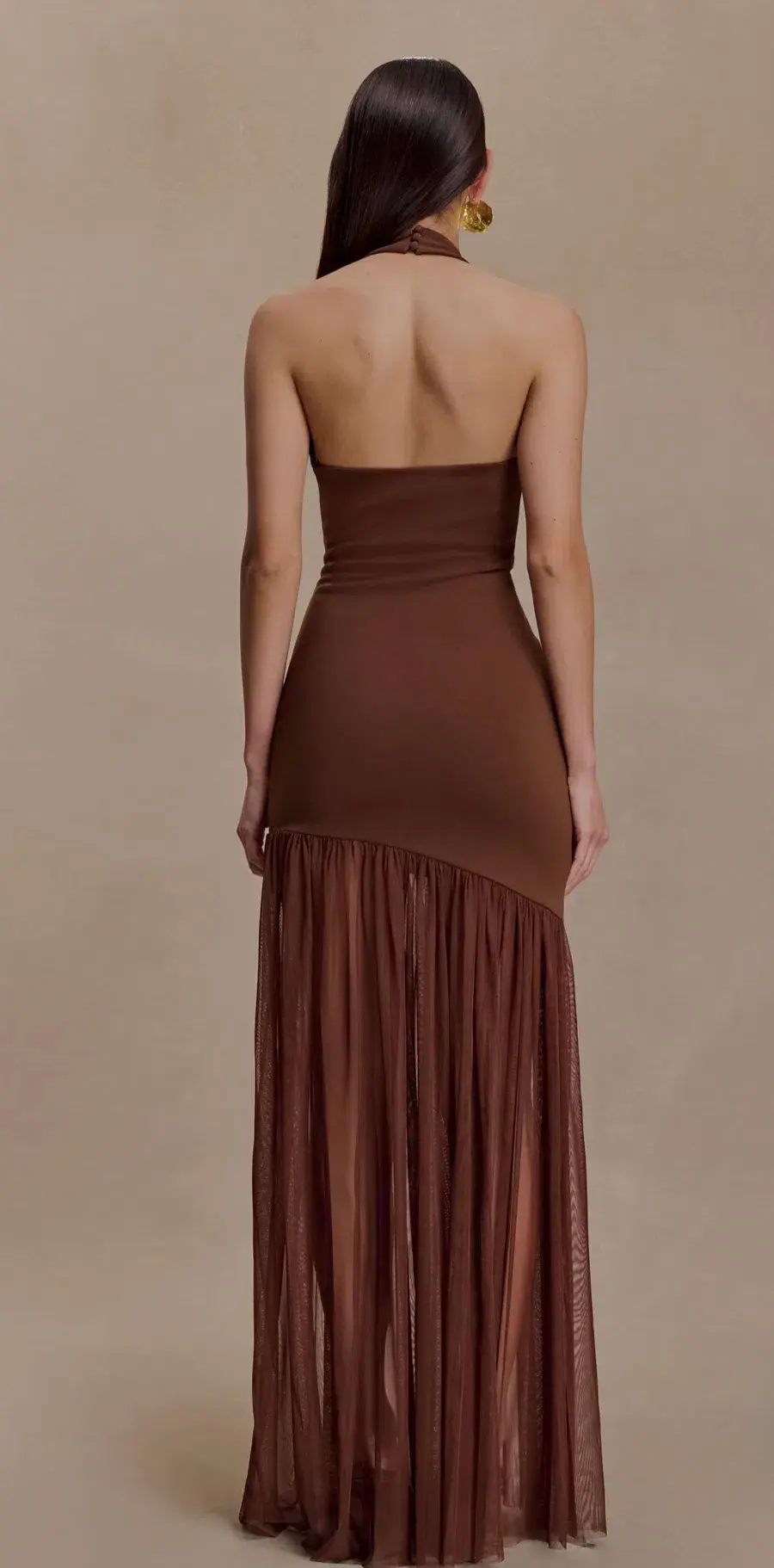 Meshki Aubree Crepe Mesh Maxi Dress - Chocolate  - Image 2