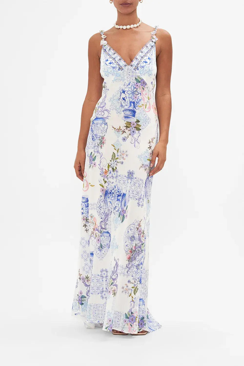 V Neck Full Length Bias Slip Dress Size L - Image 2