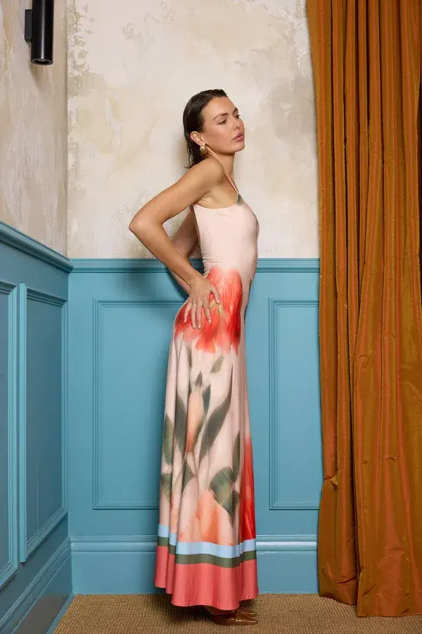 With Harper Lu - Low Back Maxi Dress - Peach Floral for rent on The Volte - main image