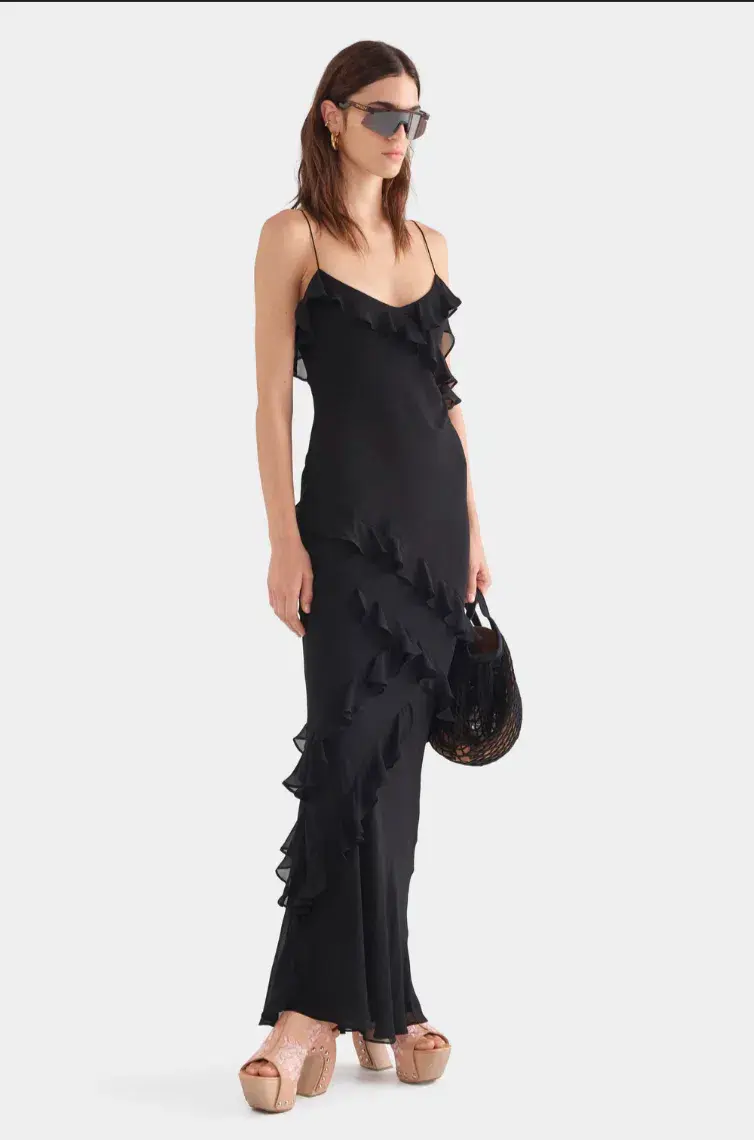 Venroy Silk Ruffle Slip Dress - Black XS / AU 6 for rent on The Volte - main image