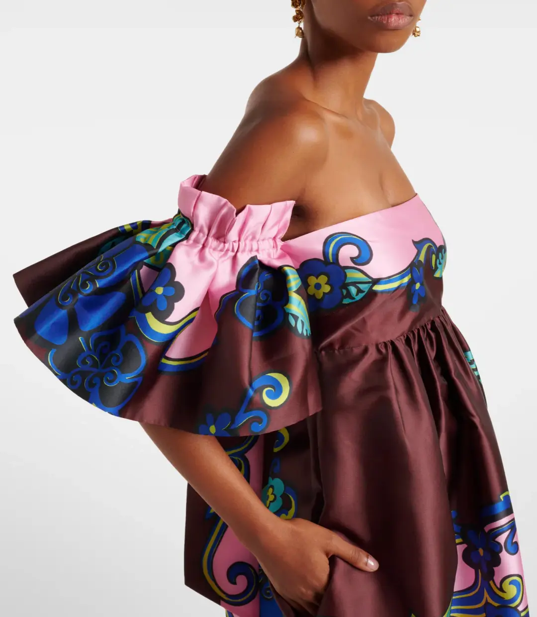 ALEMAIS AZALEA OFF-SHOULDER SATIN MIDI DRESS FLORAL SIZE AU 14 for rent on The Volte - main image