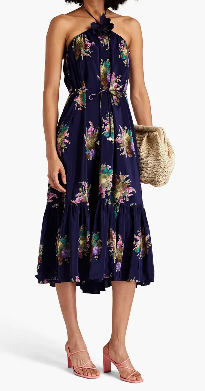 Zimmermann floral-print silk-crepe de chine halterneck midi dress Navy Size 2 - Image 1