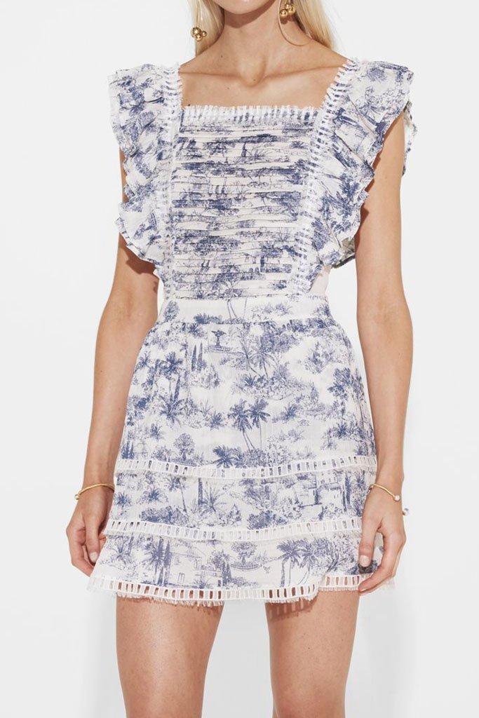 Sir The Label Dahlia Linen Ruffle Mini Dress Blue Palm Tree Print | AU 6 - Image 2