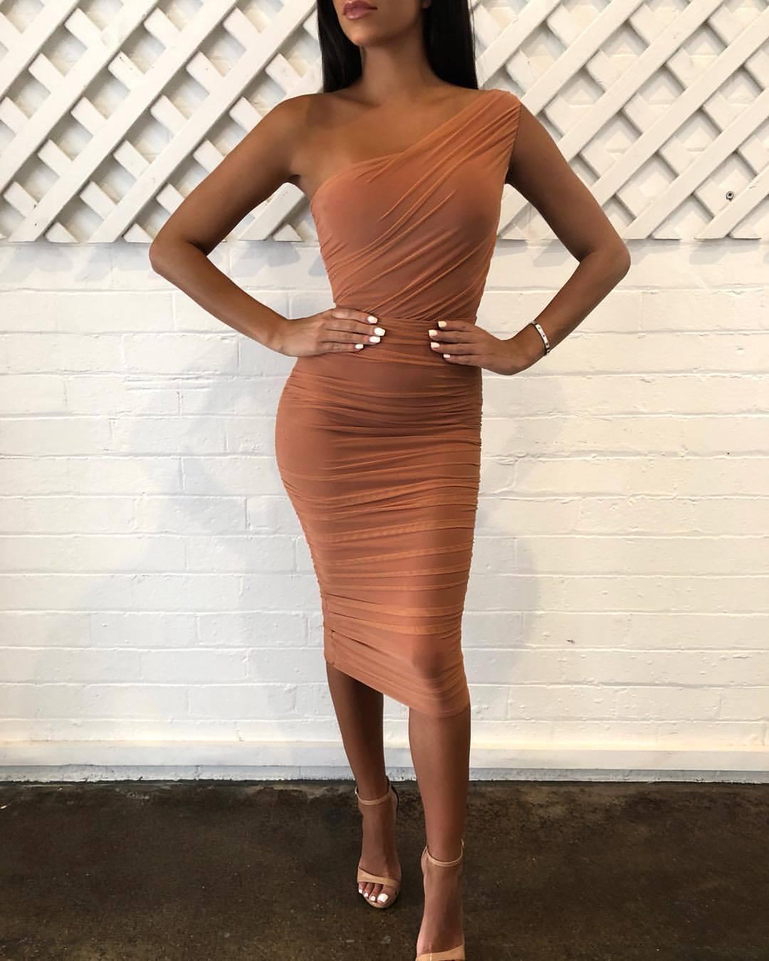 Nookie Inspire One Shoulder Midi Dress Tan Size XS - Image 3