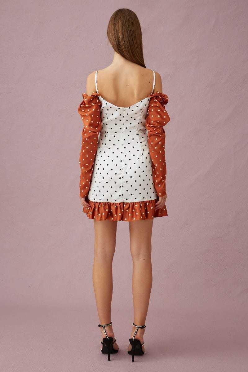 Keepsake The Label Butterflies Long Sleeve Mini Dress Tobacco Polkadot Dress Size 8 - Image 3