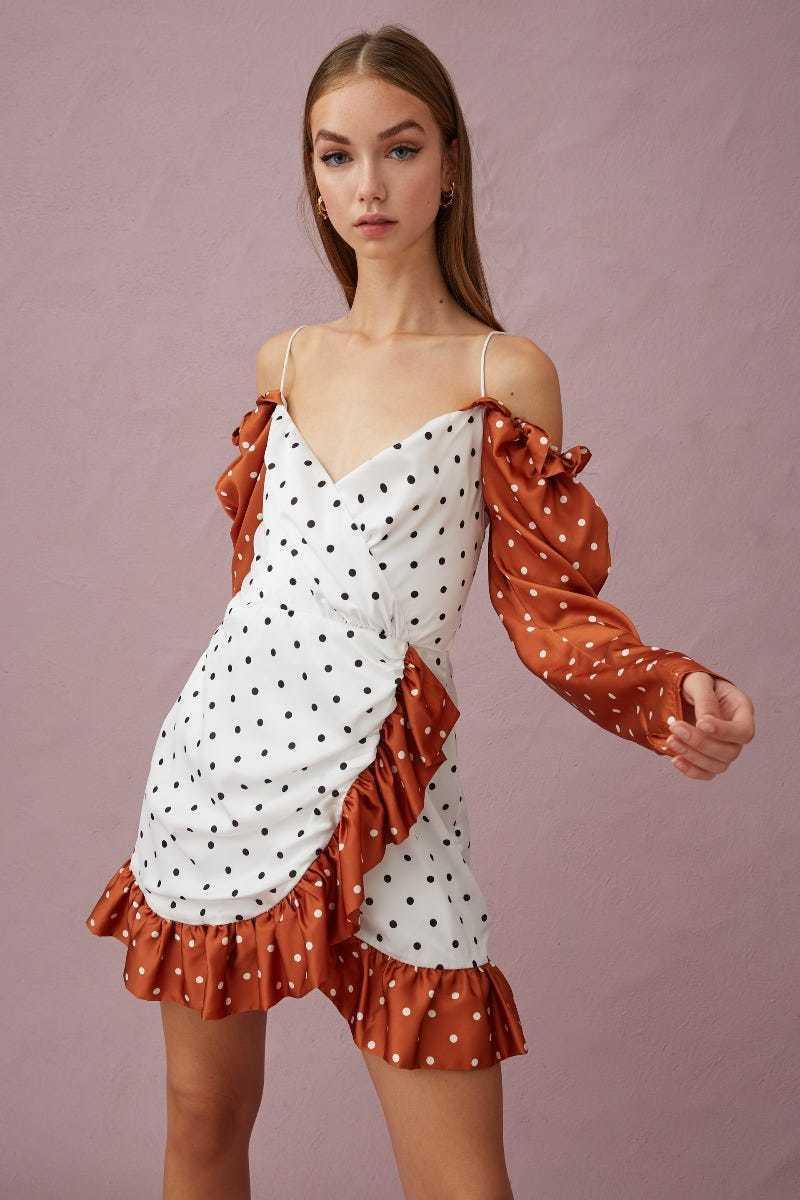 Keepsake The Label Butterflies Long Sleeve Mini Dress Tobacco Polkadot Dress Size 8 - Image 2