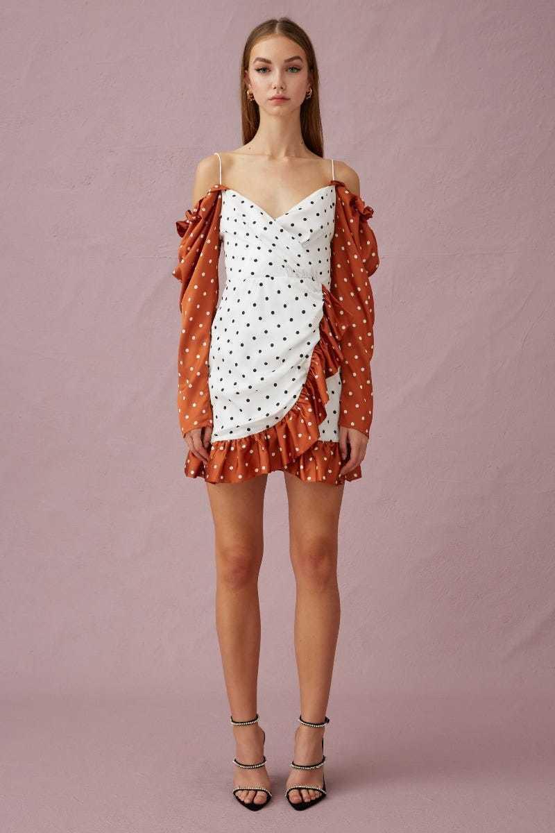 Keepsake The Label Butterflies Long Sleeve Mini Dress Tobacco Polkadot Dress Size 8 - Image 1