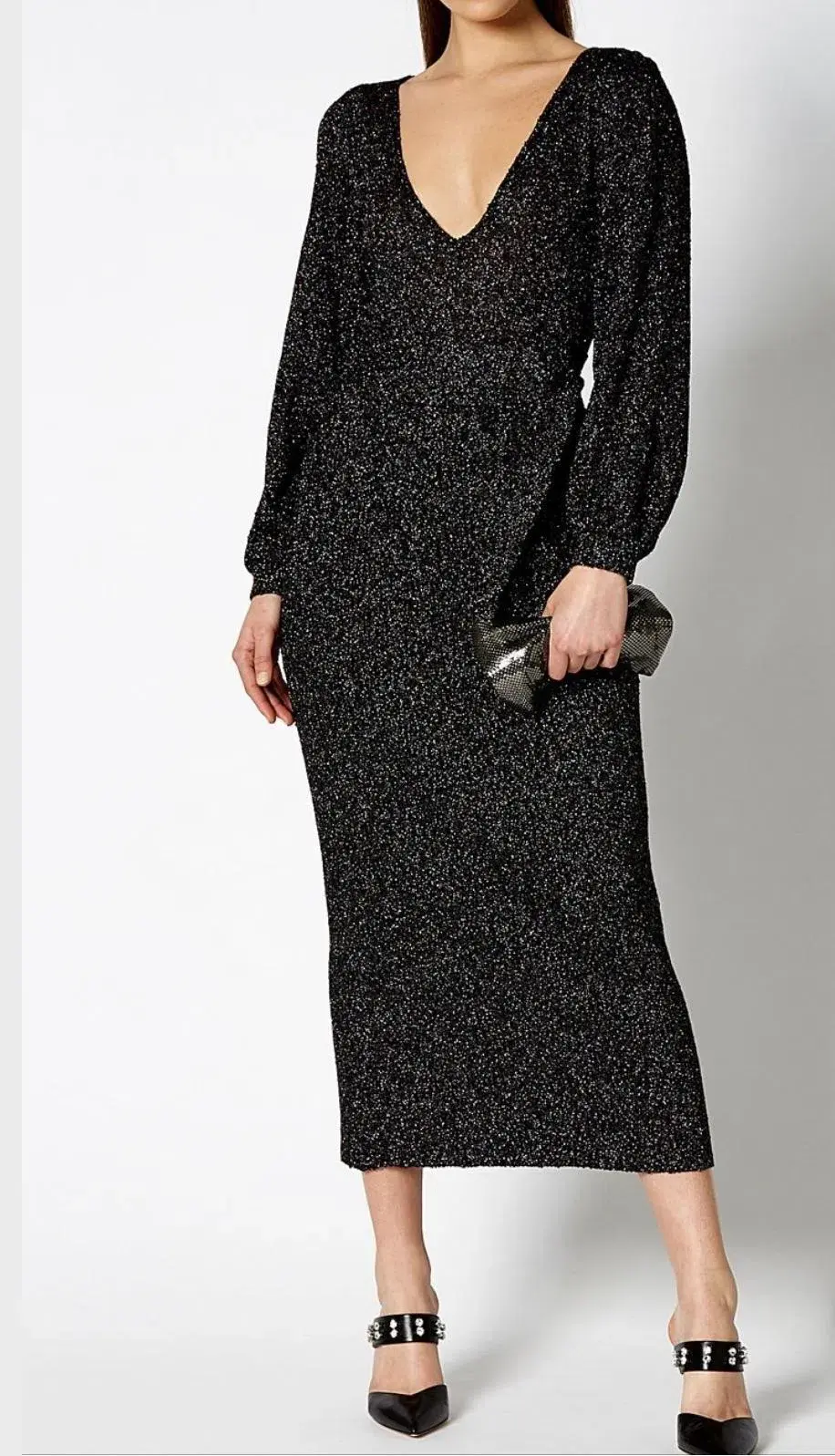 Scanlan Theodore Calypso Tinsel V Neck Gown Black Size 8 for rent on The Volte - main image