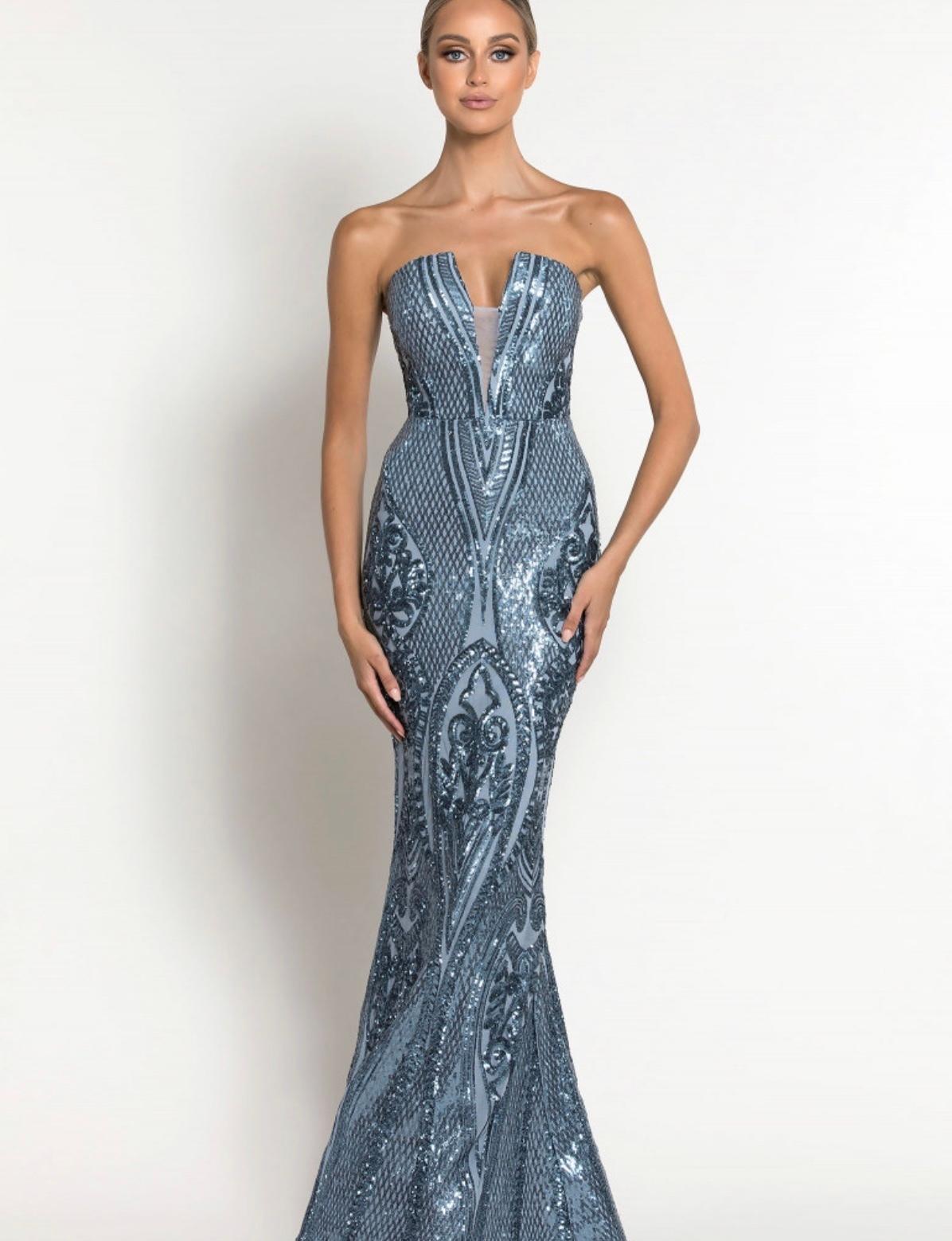 Maia Strapless Pattern Gown Anitque Blue Size 10 - Image 3