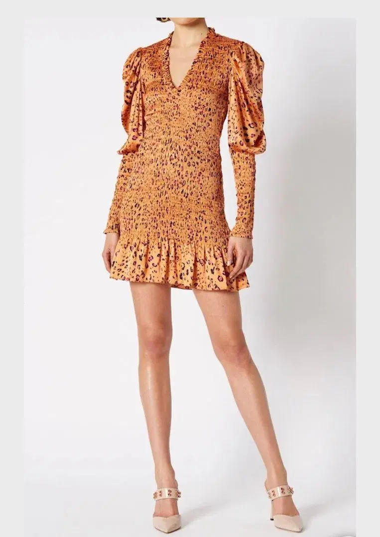 Scanlan Theodore Silk Leopard Shirred Dress Orange Size 8 for rent on The Volte - main image