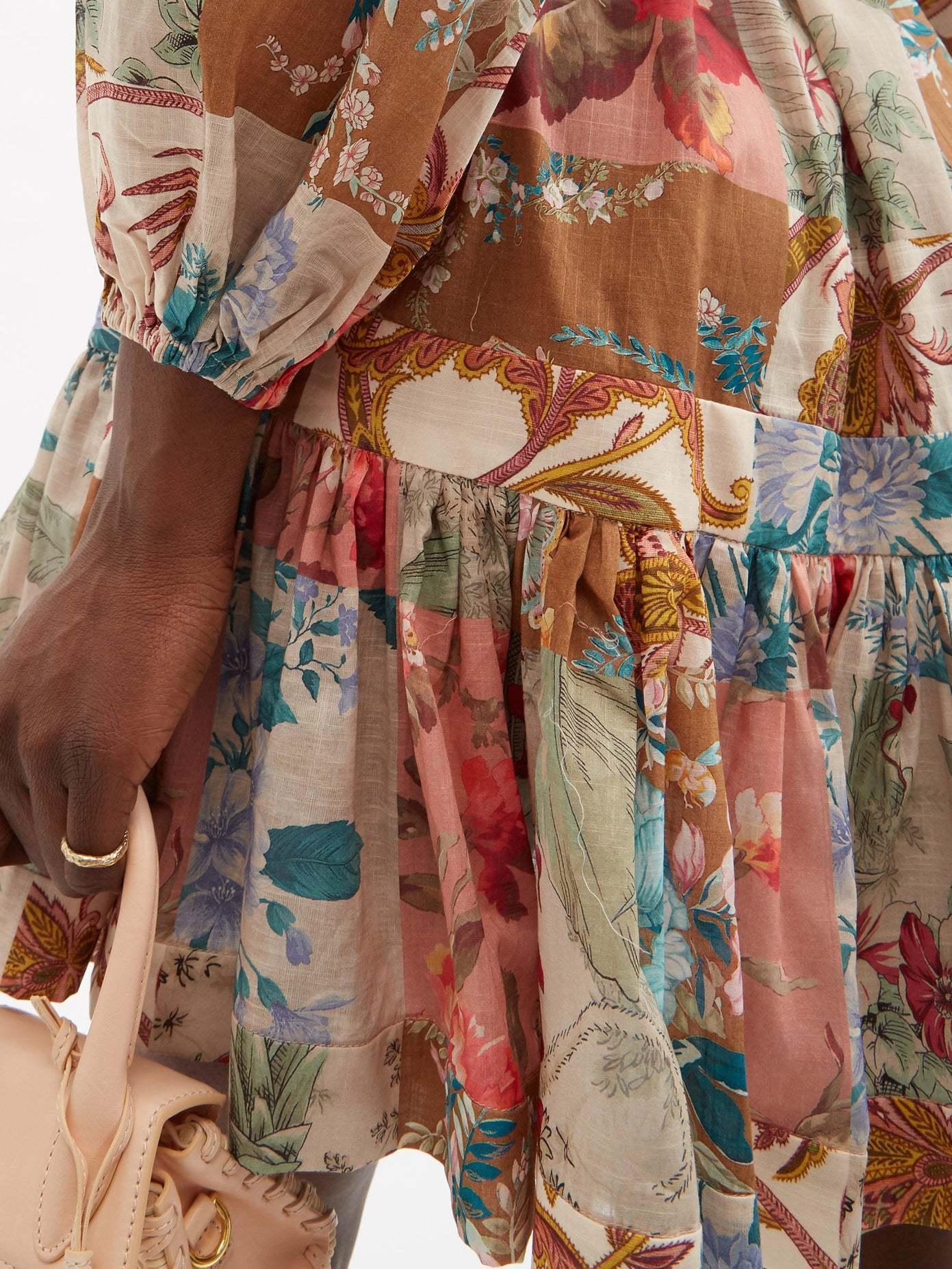 Zimmermann The Cassia Drop Waist Mini Dress in Patchwork Floral Size 8 - Image 2