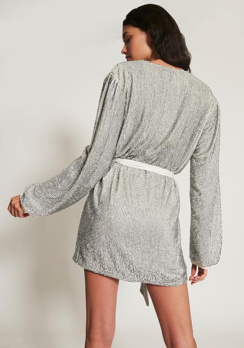 Retrofete Gabrielle Sequin Wrap Mini Dress Silver Size AU 4  - Image 3