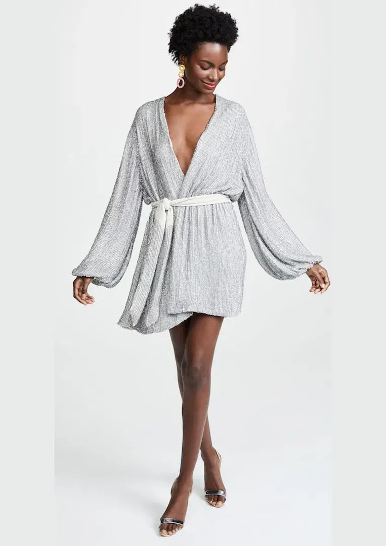 Retrofete Gabrielle Sequin Wrap Mini Dress Silver Size AU 4  - Image 1
