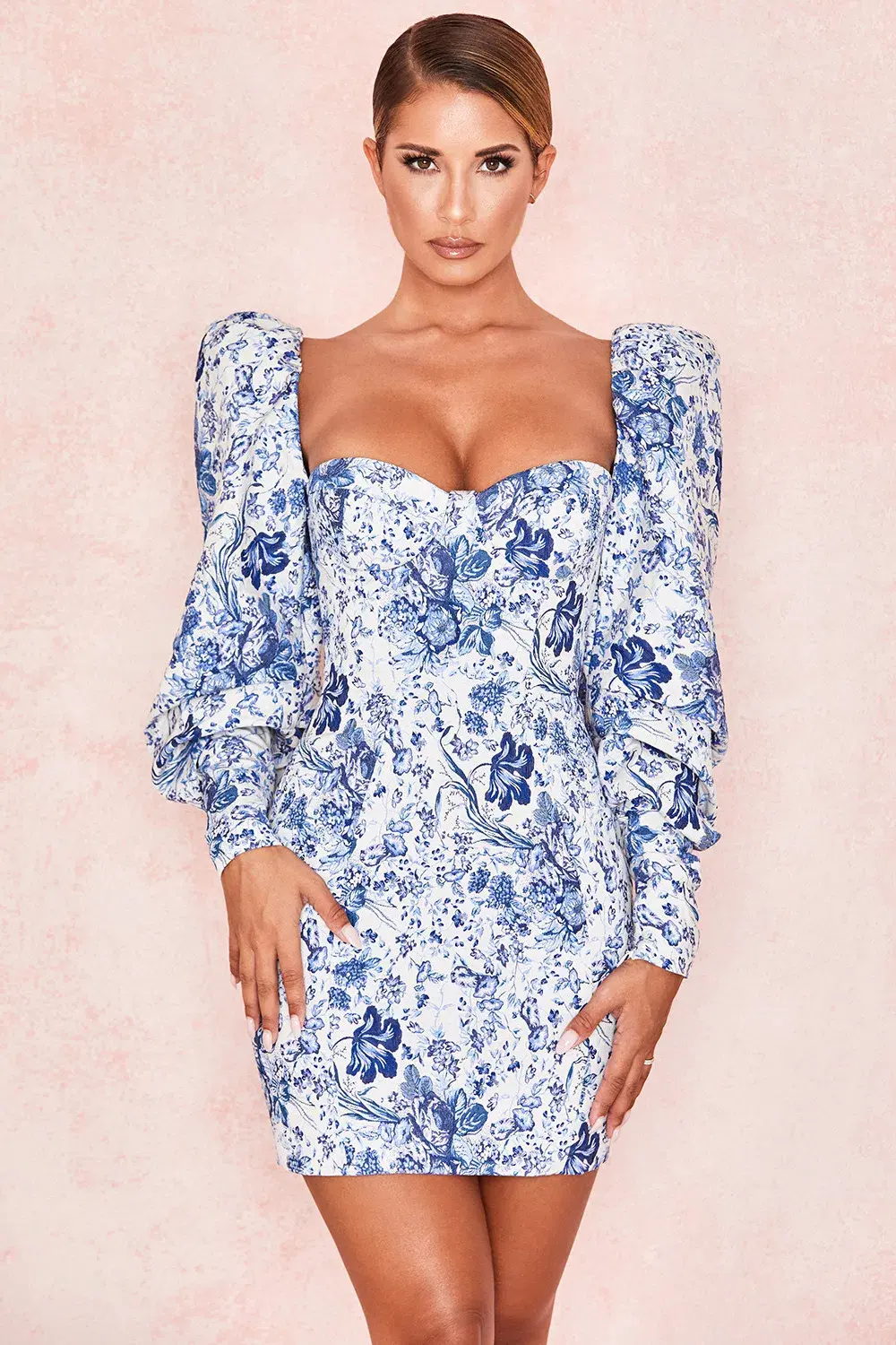 House of CB Lucrezia Puff Sleeve Mini Dress Blue/White Floral Size 6 - Image 3